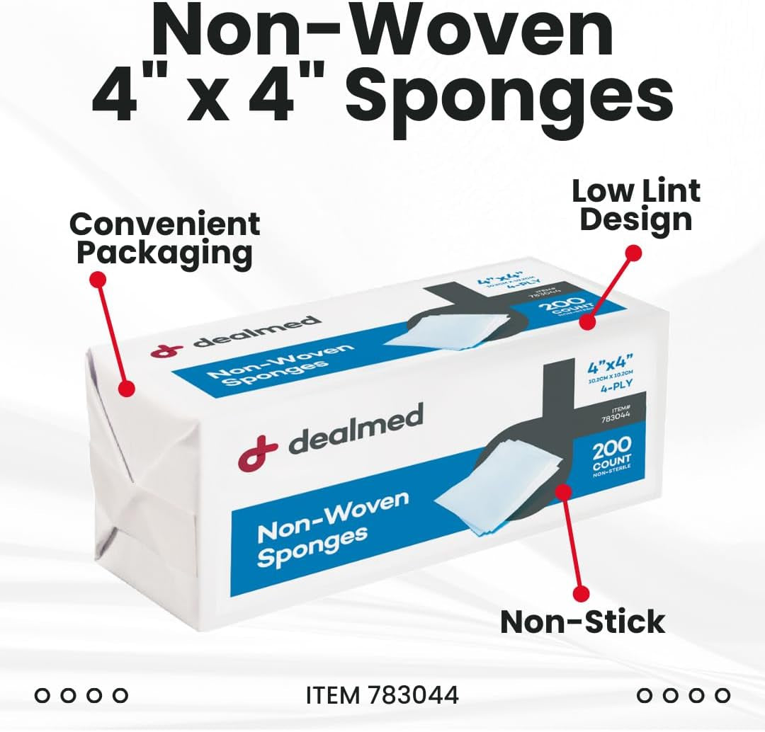 Non-Woven Gauze Sponges - 4-Ply, 4" X 4" All-Purpose Non-Sterile Gauze Pads, Absorbent Dental Gauze Wound Care Product for First Aid Kit/Medical Facilities, 200 Count (Pack of 1)